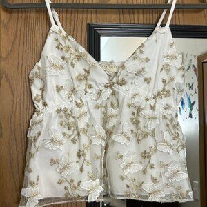 Thirty Thirty Embroidered Spaghetti Strap Gold & Ivory Butterfly Cami Medium